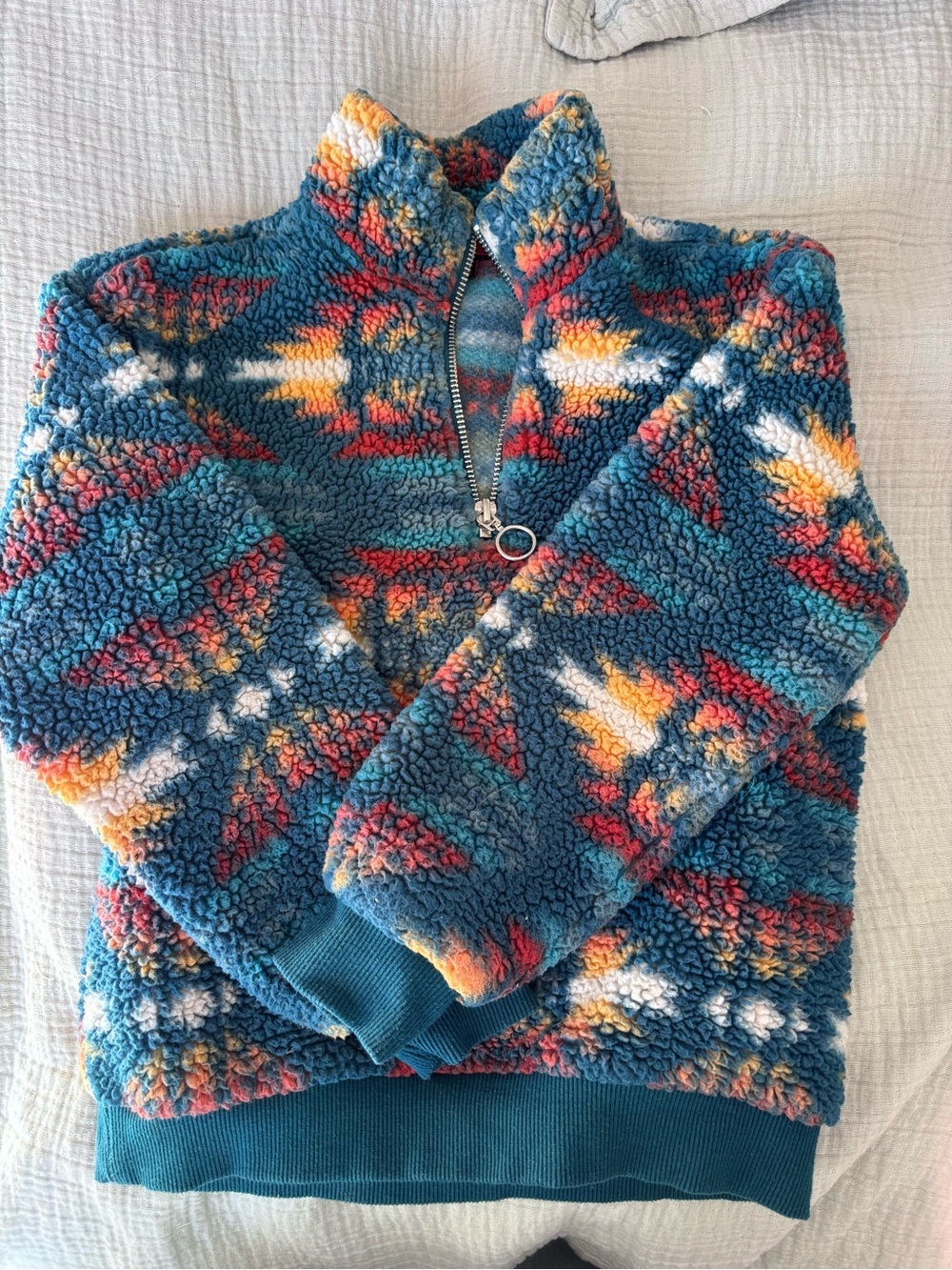 Kids Teal Sherpa Half-Zip Hoodie with Aztec Pattern